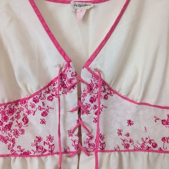 VTG 70s Saks Fifth Ave Cream‎ Pink Floral Lace Up Maxi Dress 34 Large Coquette - Picture 6 of 8